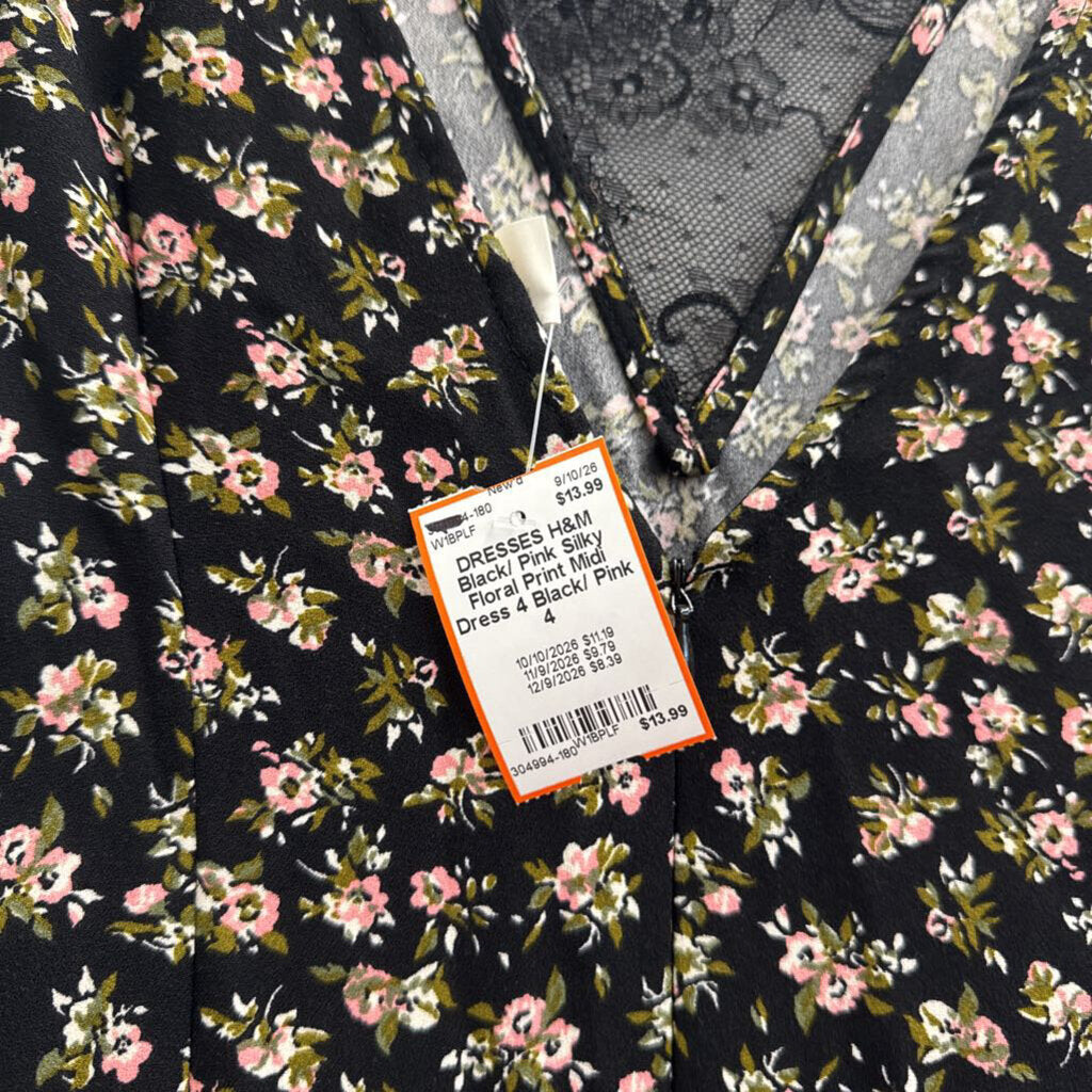 Black/ Pink Silky Floral Print Midi Dress 4
