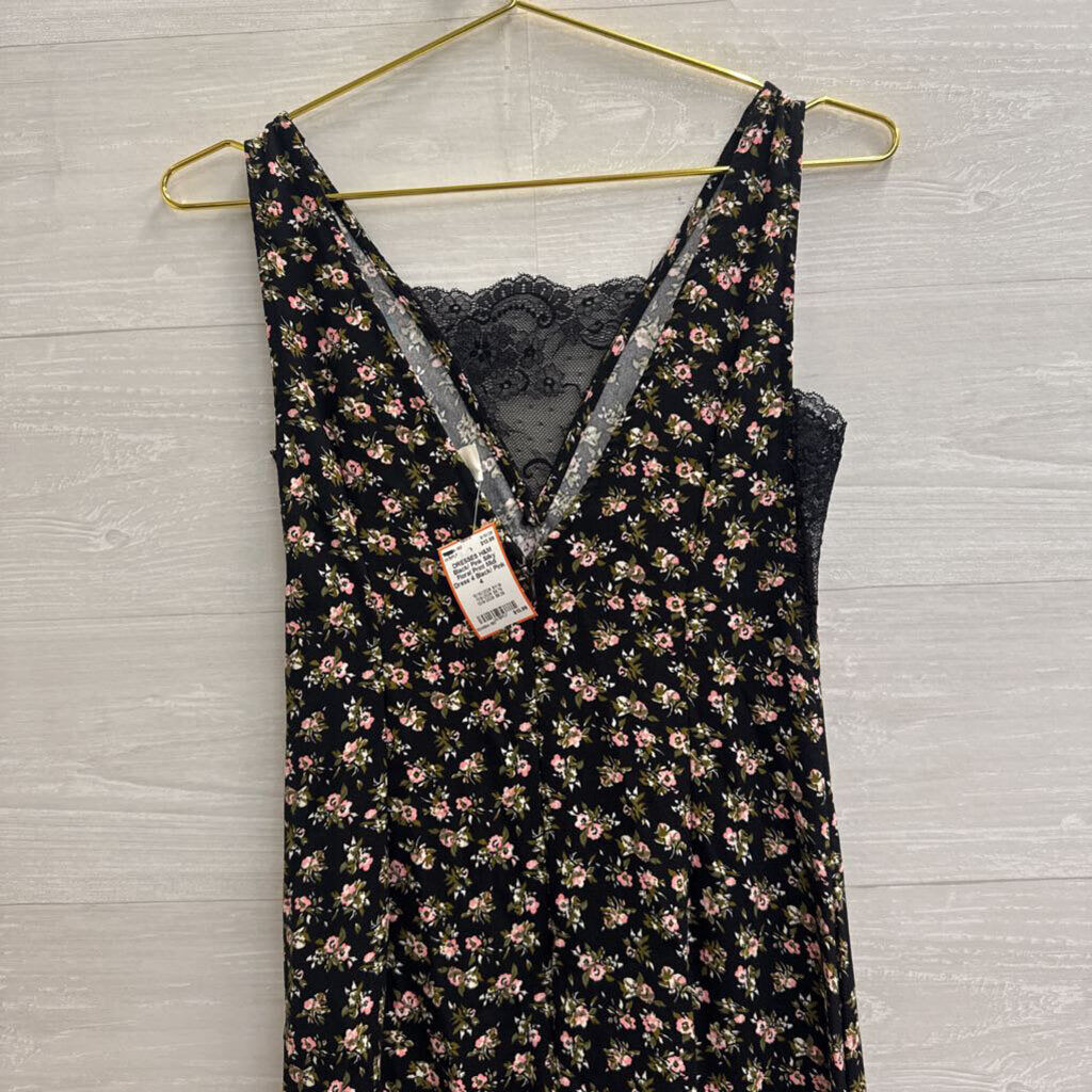 Black/ Pink Silky Floral Print Midi Dress 4