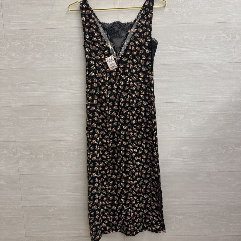 Black/ Pink Silky Floral Print Midi Dress 4
