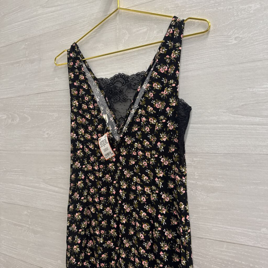 Black/ Pink Silky Floral Print Midi Dress 4