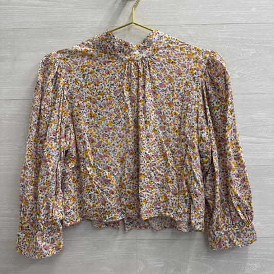 Rollas White/ Pink Floral Print Cropped Mock Neck Top Medium
