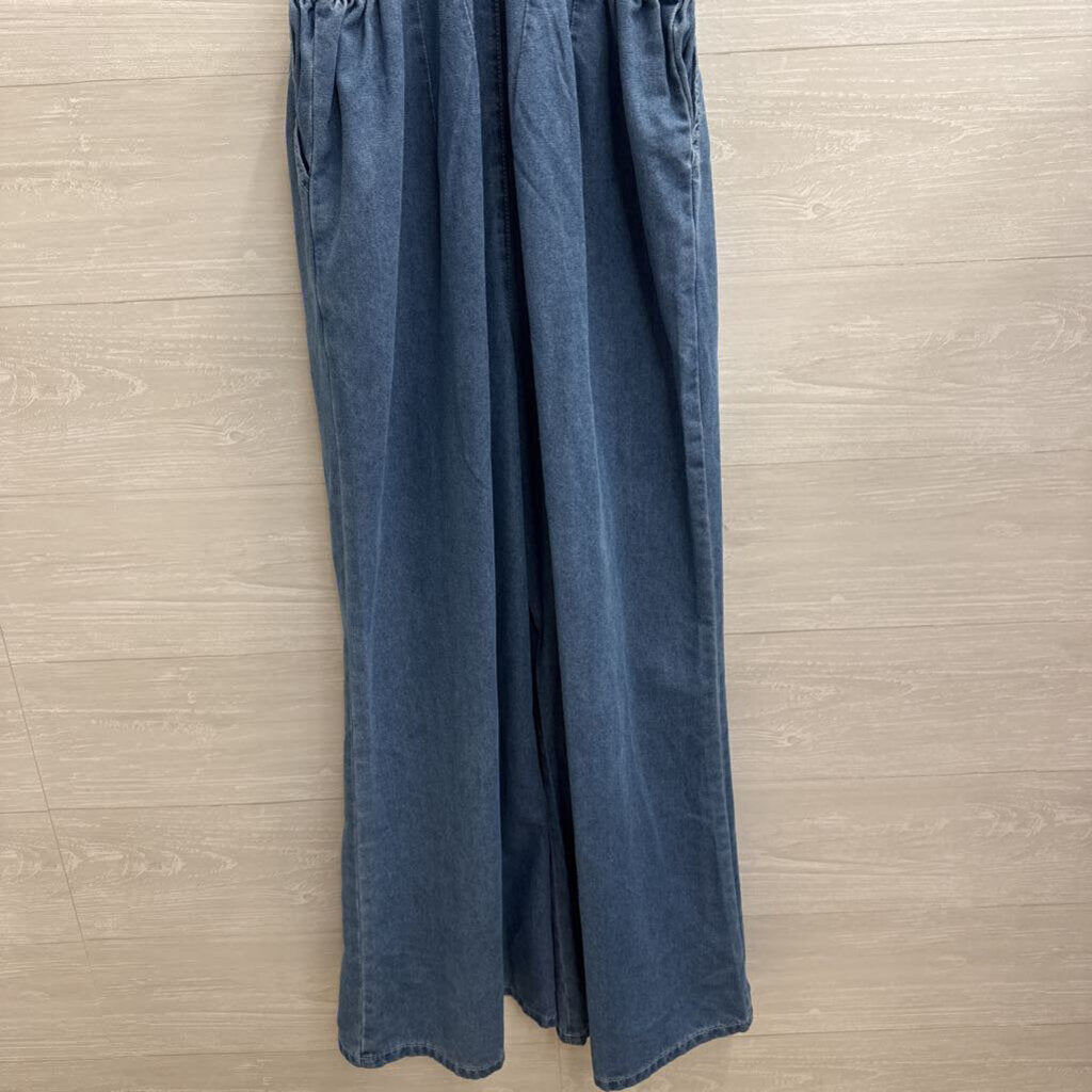 Blue Chambray Wide Leg Overall Jumpsuit Small