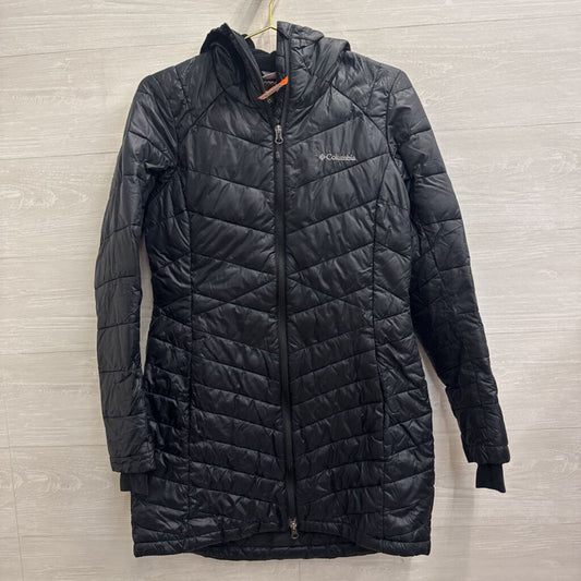 Columbia Black Quilted Long Zip Up Hooded Jacket Medium
