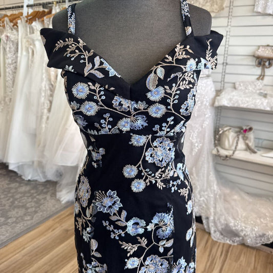 R and M Richards Black/ Blue/ Gold Embroidered Floral Off Shoulder Long Formal Dress 10 Petite