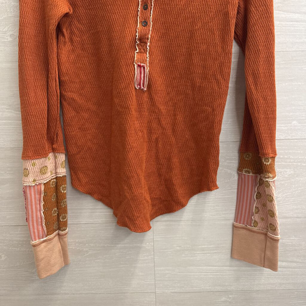 We The Free Orange Textured Long Sleeve Henley Top Large