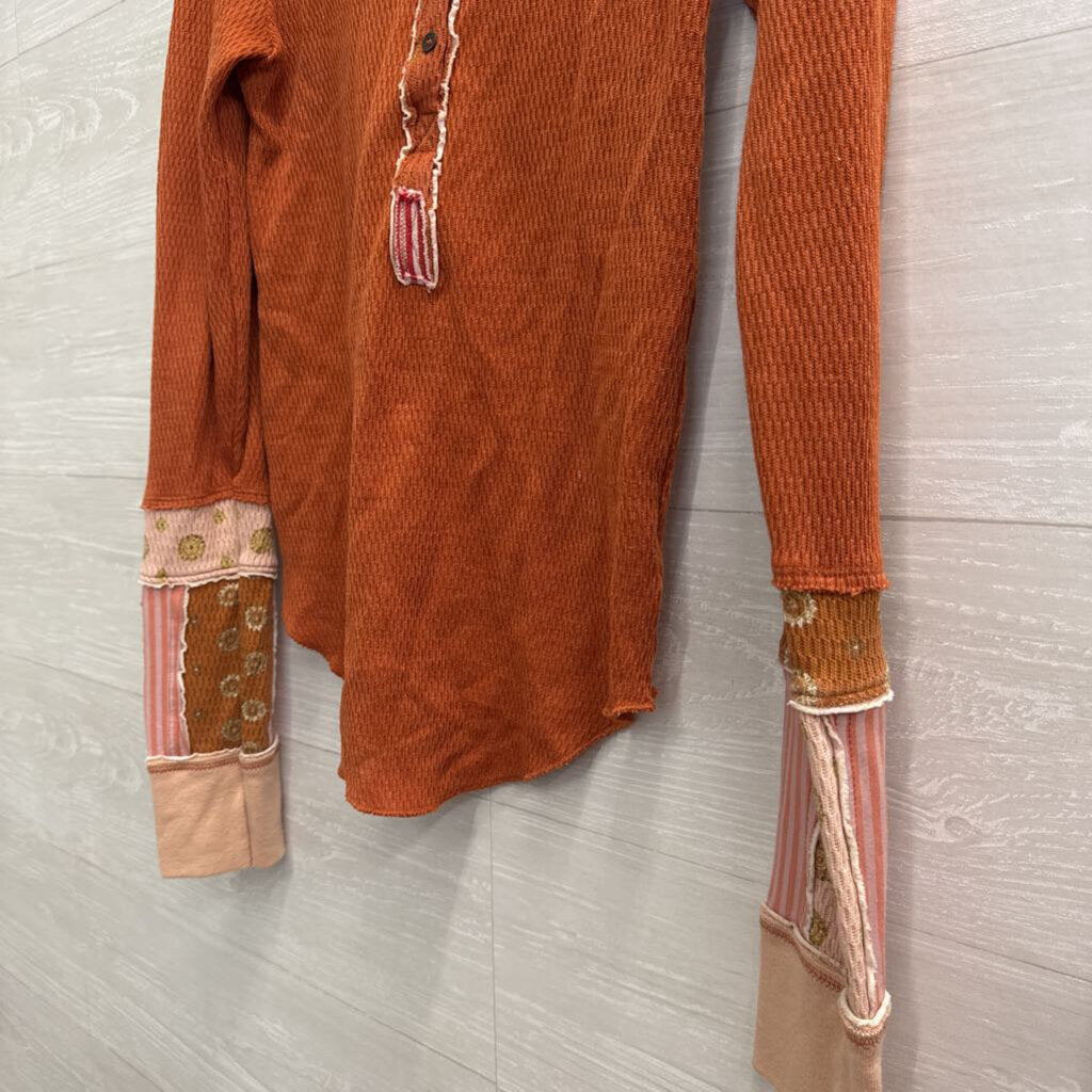 We The Free Orange Textured Long Sleeve Henley Top Large