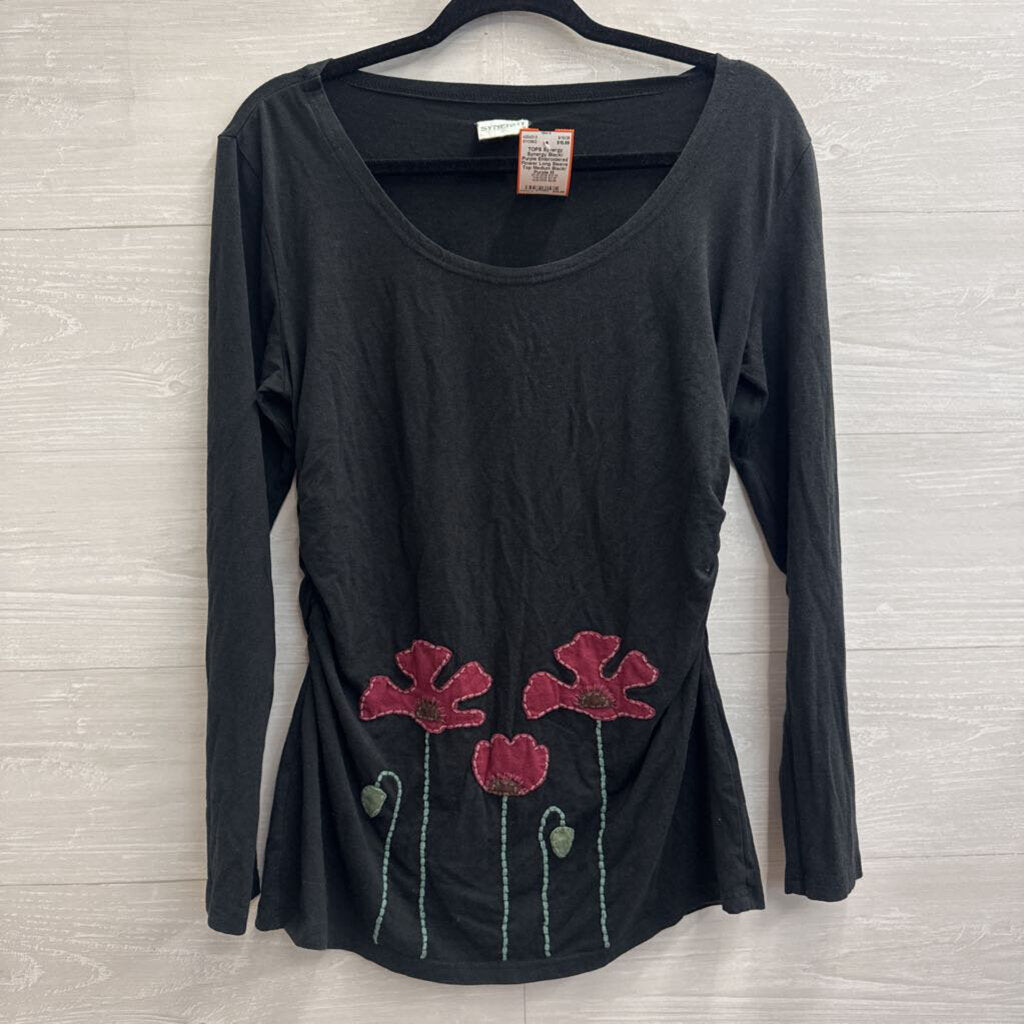 Synergy Black/ Purple Embroidered Flower Long Sleeve Top Medium