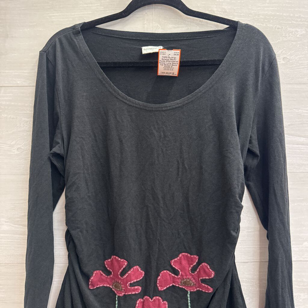 Synergy Black/ Purple Embroidered Flower Long Sleeve Top Medium