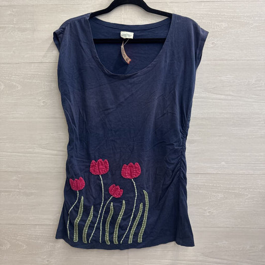 Synergy Navy/ Purple Embroidered Flower Short Sleeve Top Large
