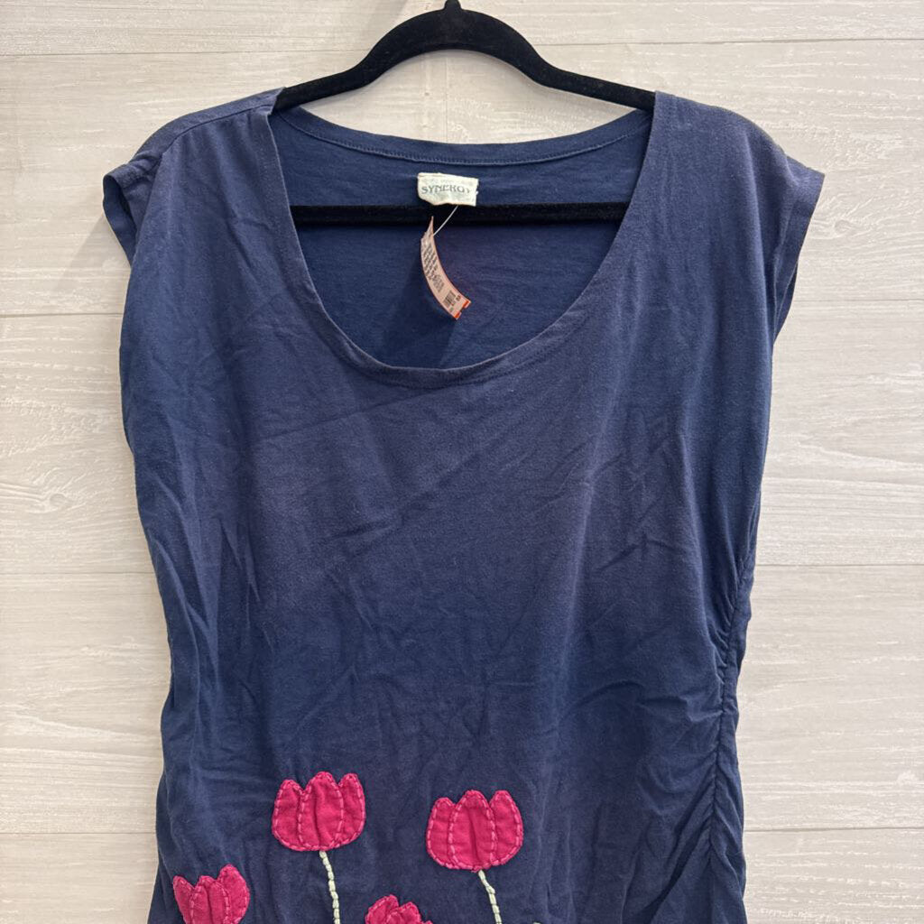 Synergy Navy/ Purple Embroidered Flower Short Sleeve Top Large