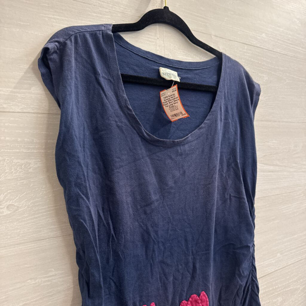Synergy Navy/ Purple Embroidered Flower Short Sleeve Top Large