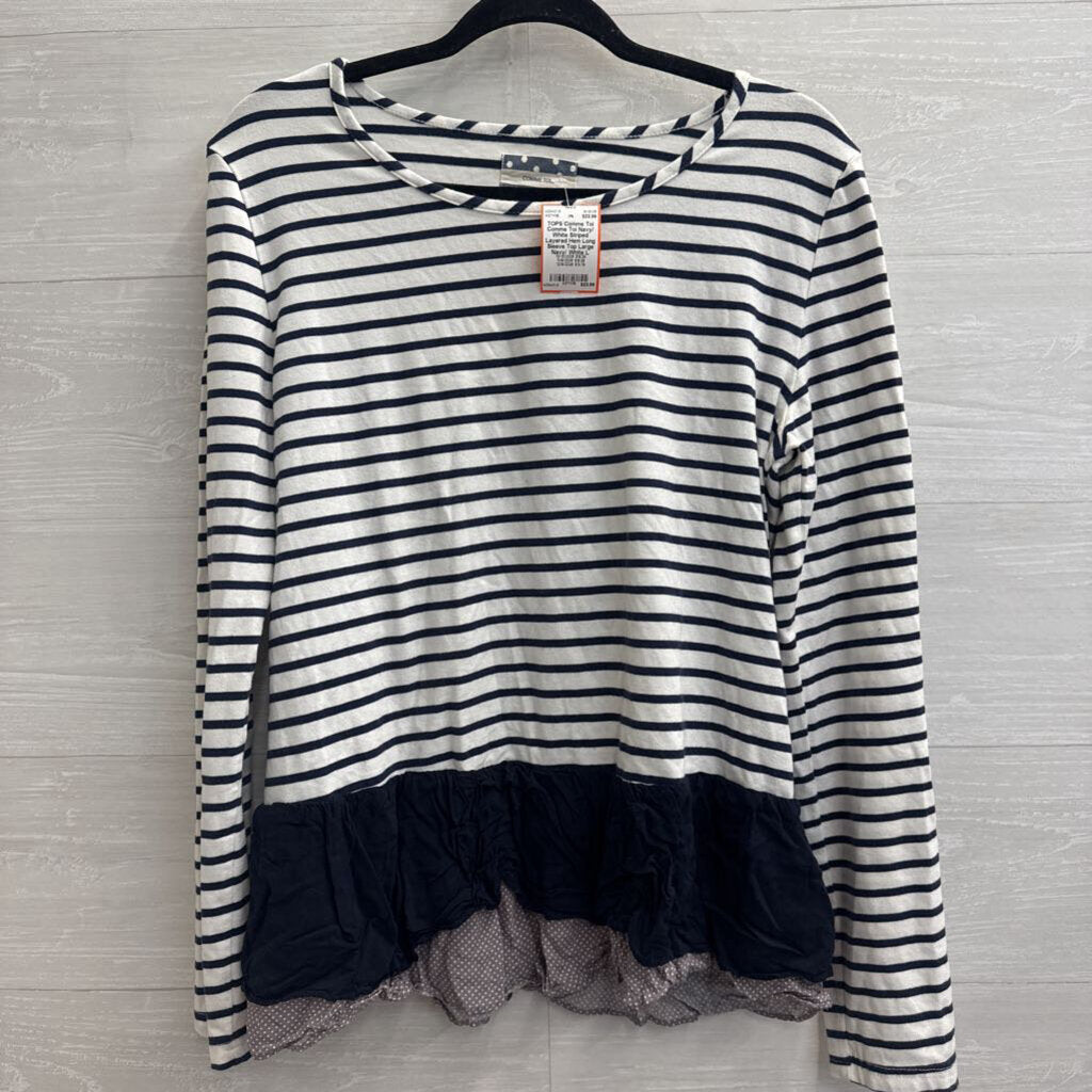 Comme Toi Navy/ White Striped Layered Hem Long Sleeve Top Large