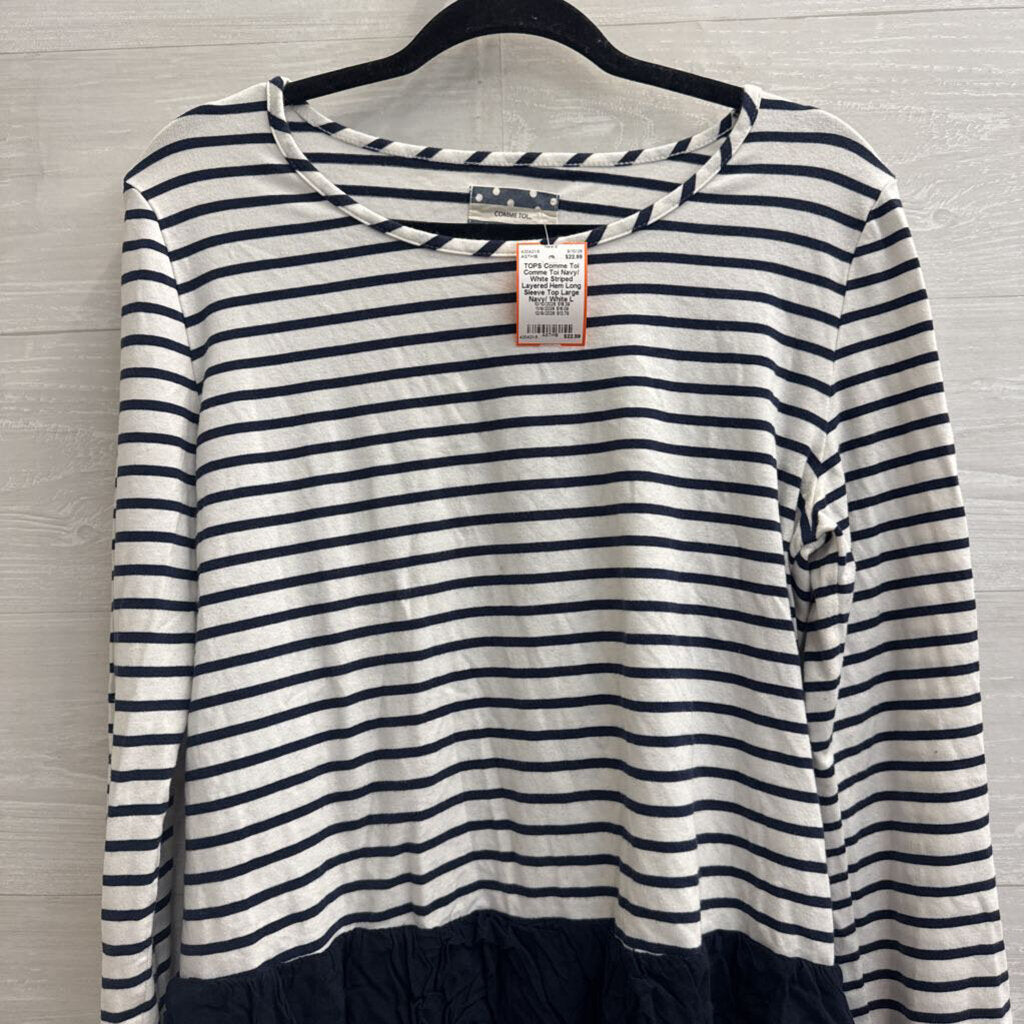 Comme Toi Navy/ White Striped Layered Hem Long Sleeve Top Large