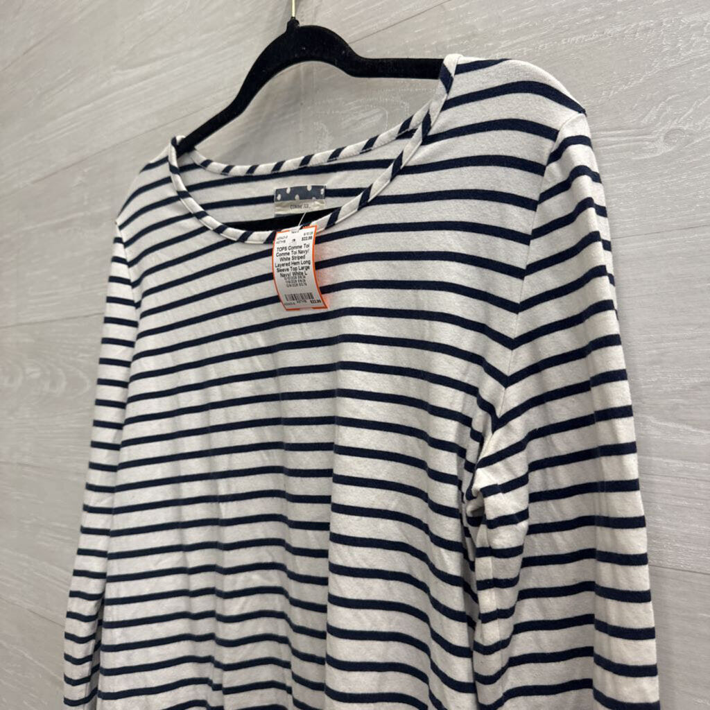 Comme Toi Navy/ White Striped Layered Hem Long Sleeve Top Large