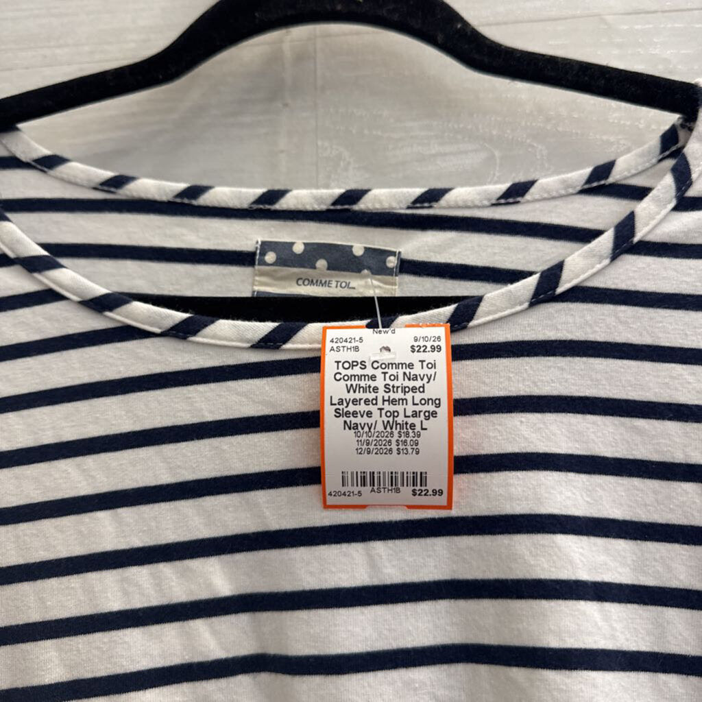 Comme Toi Navy/ White Striped Layered Hem Long Sleeve Top Large