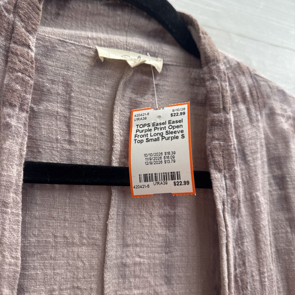 Easel Purple Print Open Front Long Sleeve Top Small