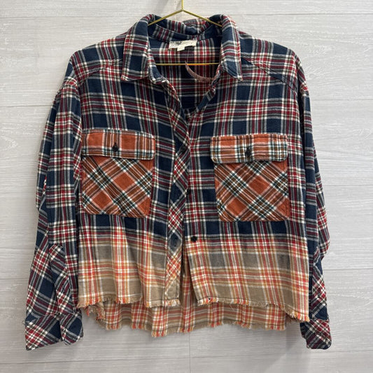 Oli and Hali Navy/ Orange Plaid Cropped Long Sleeve Button Down Top Medium