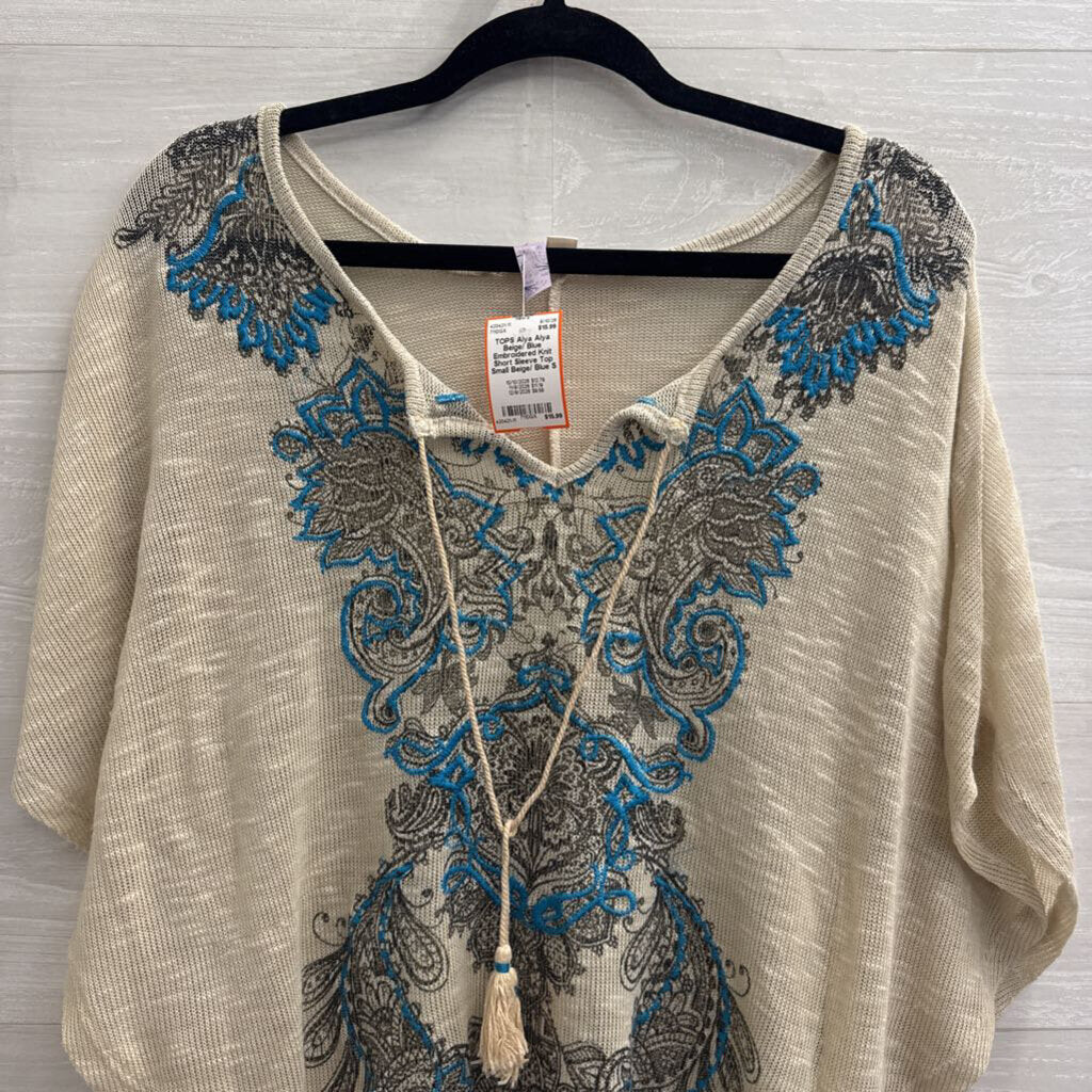 Alya Beige/ Blue Embroidered Knit Short Sleeve Top Small