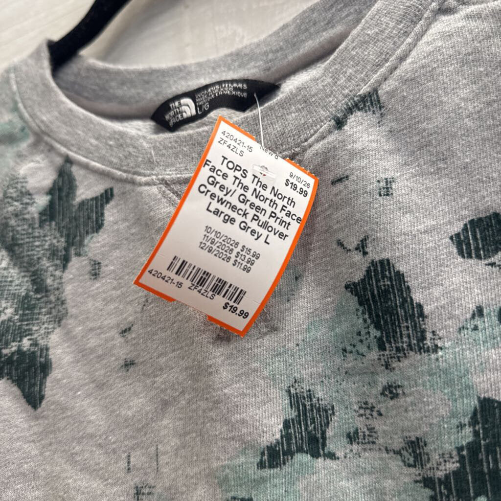 The North Face Grey/ Green Print Crewneck Pullover Large