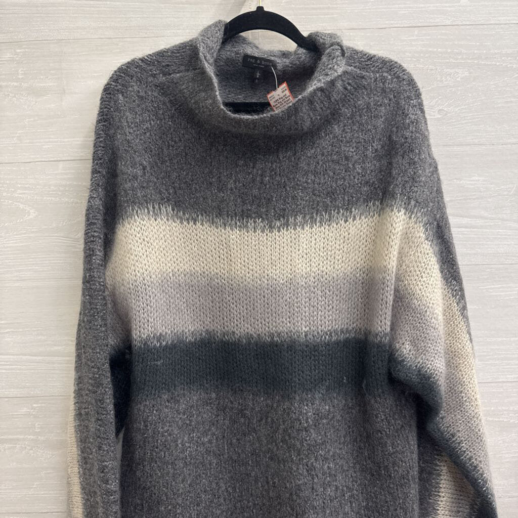 Rag and Bone Grey Knit Striped Detail Long Sleeve Sweater Large