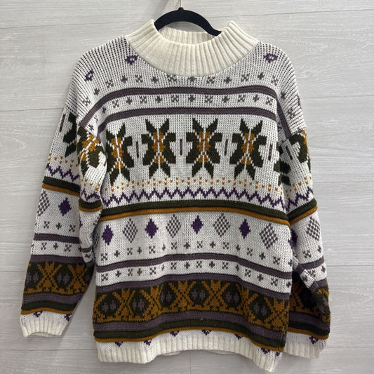 Vintage White/ Multi Knit Print Mock Neck Sweater Medium