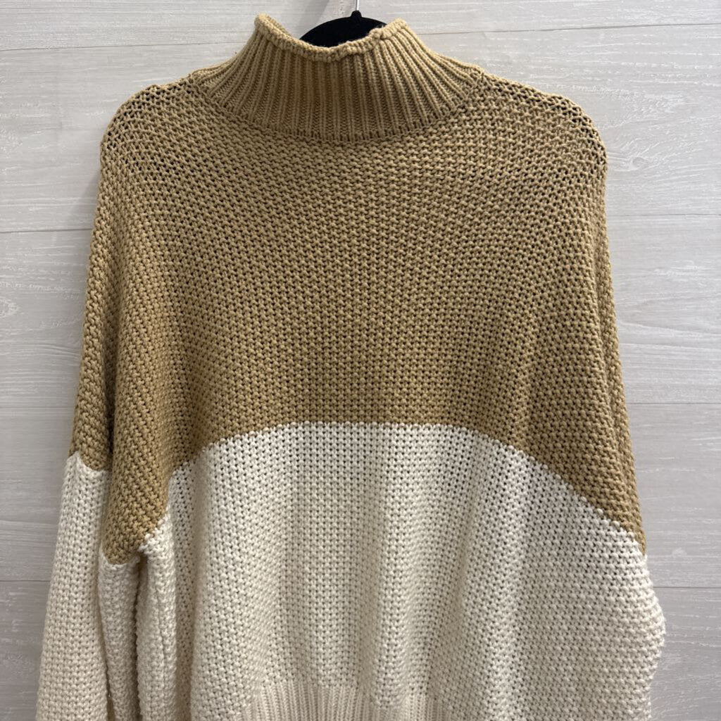 Brown/ White Knit Color Block Mock Neck Sweater Large