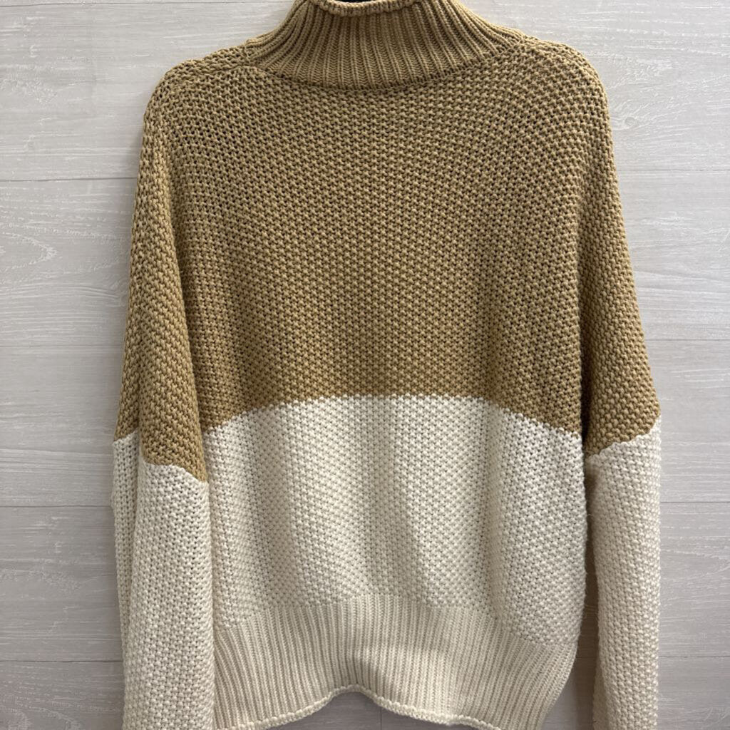 Brown/ White Knit Color Block Mock Neck Sweater Large