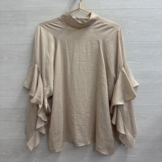 Beige Silky Ruffle Detail Long Sleeve Top 6