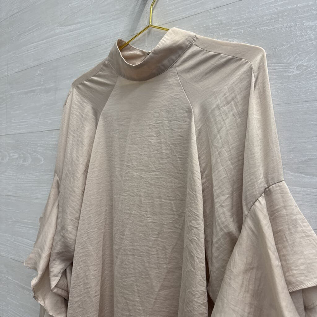 Beige Silky Ruffle Detail Long Sleeve Top 6