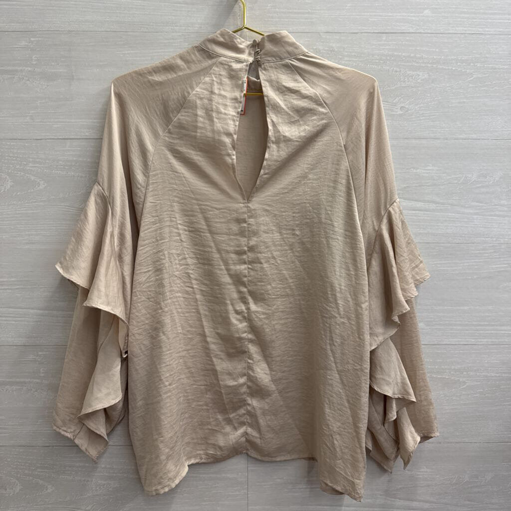 Beige Silky Ruffle Detail Long Sleeve Top 6