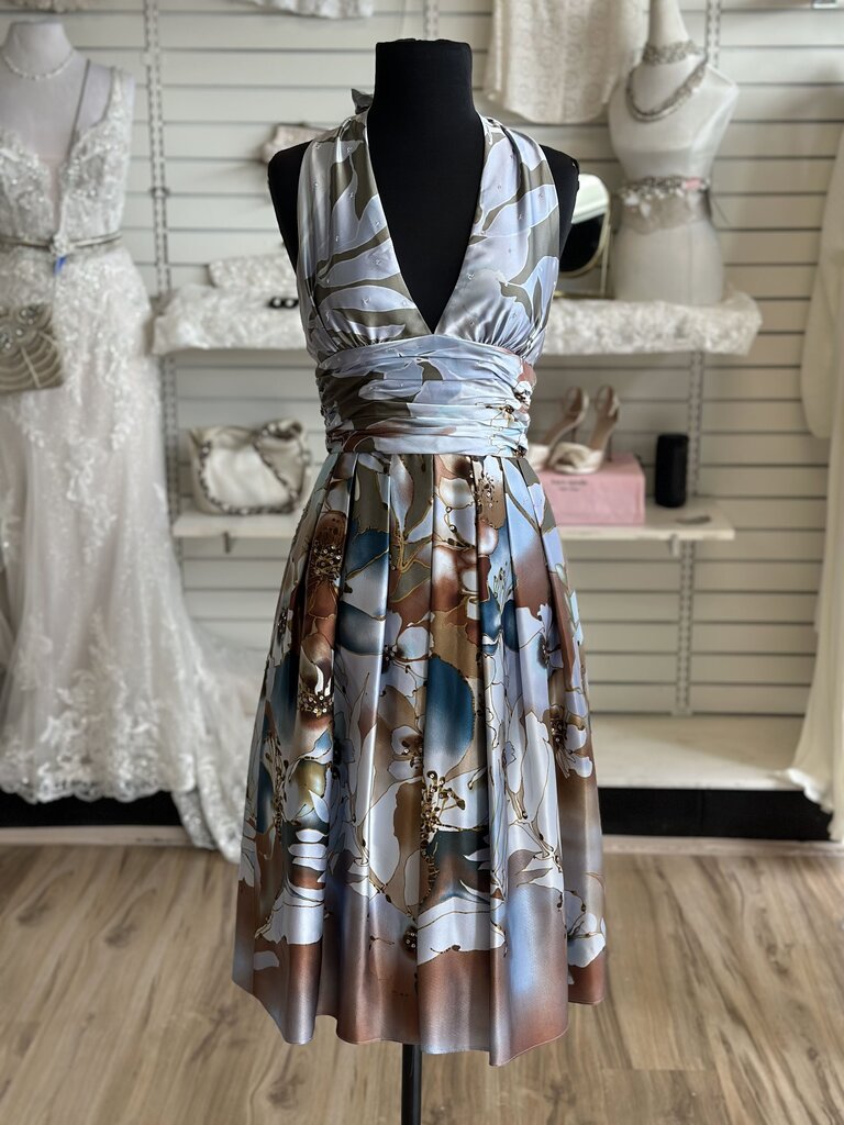 Vintage Adrianna Papell Blue/ Brown Silky Print Halter Neck Short Formal Dress 4