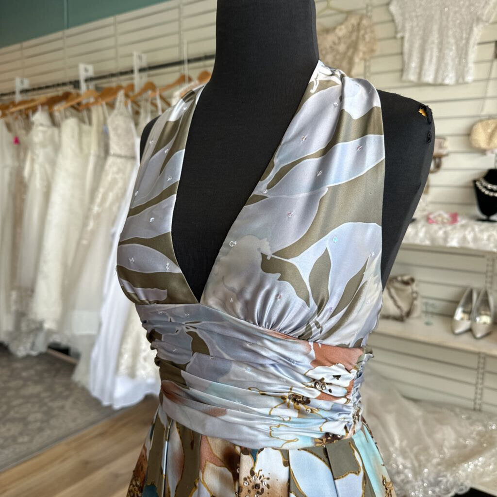 Vintage Adrianna Papell Blue/ Brown Silky Print Halter Neck Short Formal Dress 4