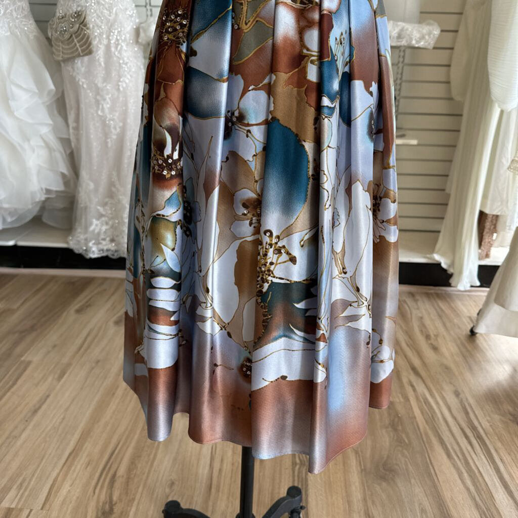 Vintage Adrianna Papell Blue/ Brown Silky Print Halter Neck Short Formal Dress 4