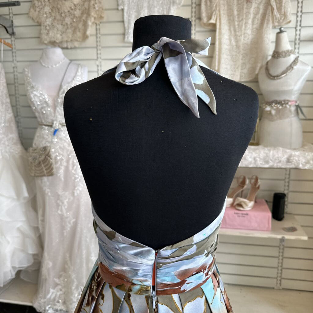 Vintage Adrianna Papell Blue/ Brown Silky Print Halter Neck Short Formal Dress 4