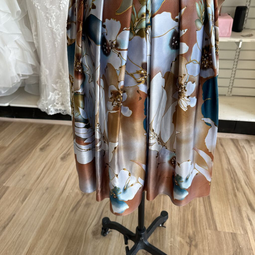 Vintage Adrianna Papell Blue/ Brown Silky Print Halter Neck Short Formal Dress 4