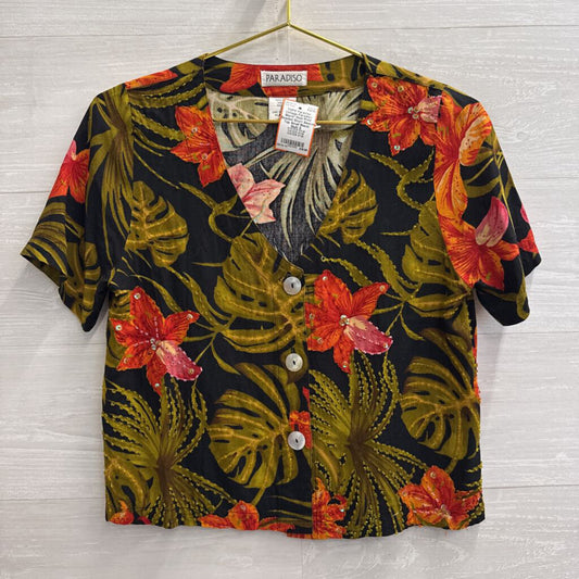 Vintage Paradiso Black/ Multi Print Beaded Short Sleeve Top Small