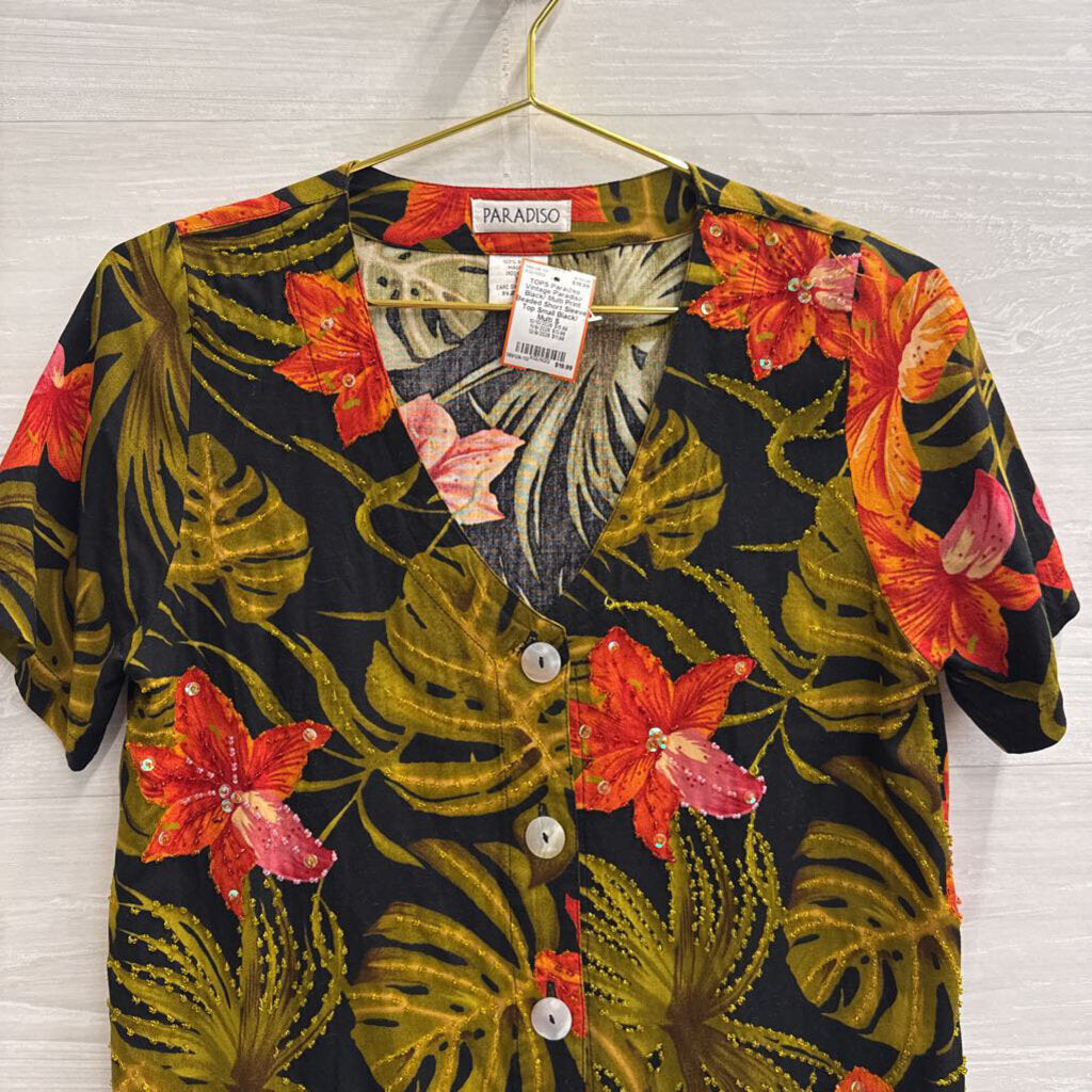 Vintage Paradiso Black/ Multi Print Beaded Short Sleeve Top Small