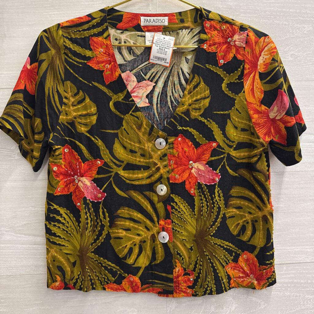 Vintage Paradiso Black/ Multi Print Beaded Short Sleeve Top Small