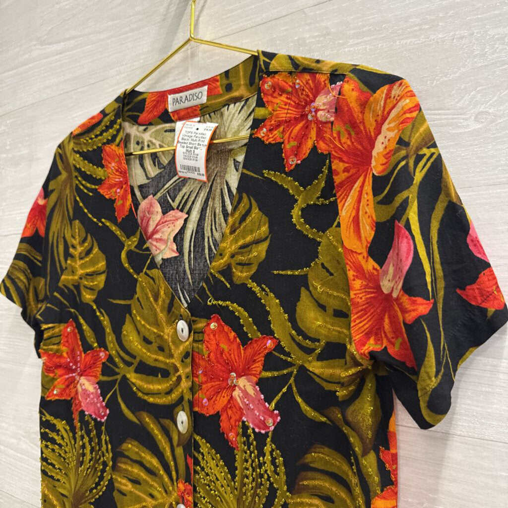 Vintage Paradiso Black/ Multi Print Beaded Short Sleeve Top Small