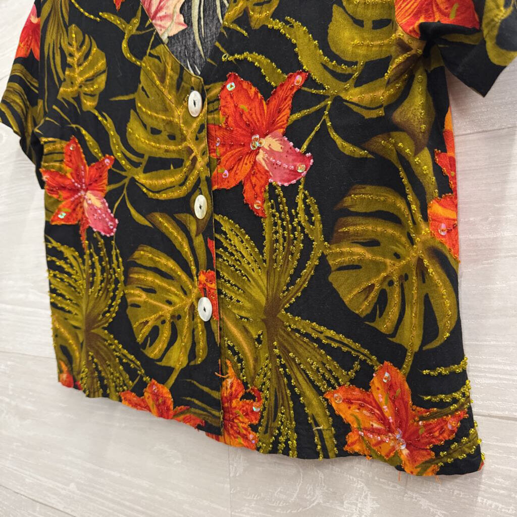 Vintage Paradiso Black/ Multi Print Beaded Short Sleeve Top Small