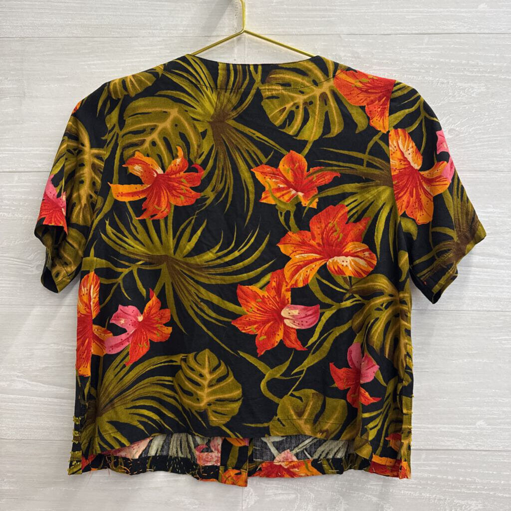 Vintage Paradiso Black/ Multi Print Beaded Short Sleeve Top Small