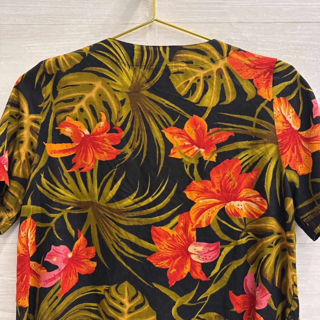 Vintage Paradiso Black/ Multi Print Beaded Short Sleeve Top Small