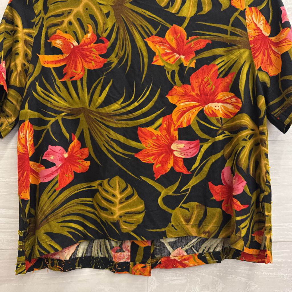 Vintage Paradiso Black/ Multi Print Beaded Short Sleeve Top Small