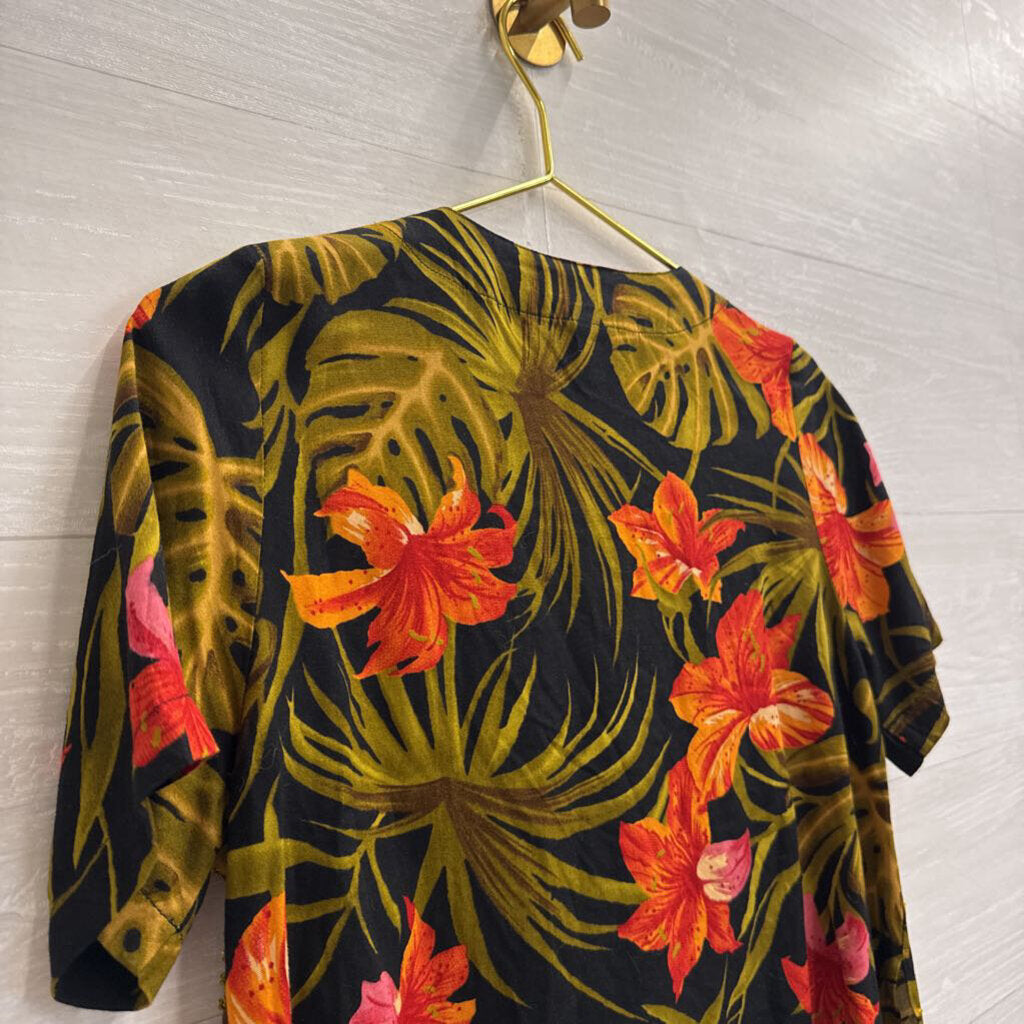 Vintage Paradiso Black/ Multi Print Beaded Short Sleeve Top Small