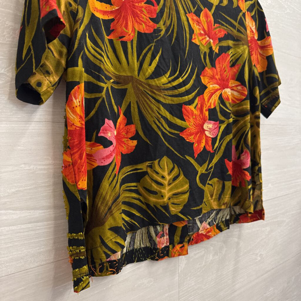 Vintage Paradiso Black/ Multi Print Beaded Short Sleeve Top Small