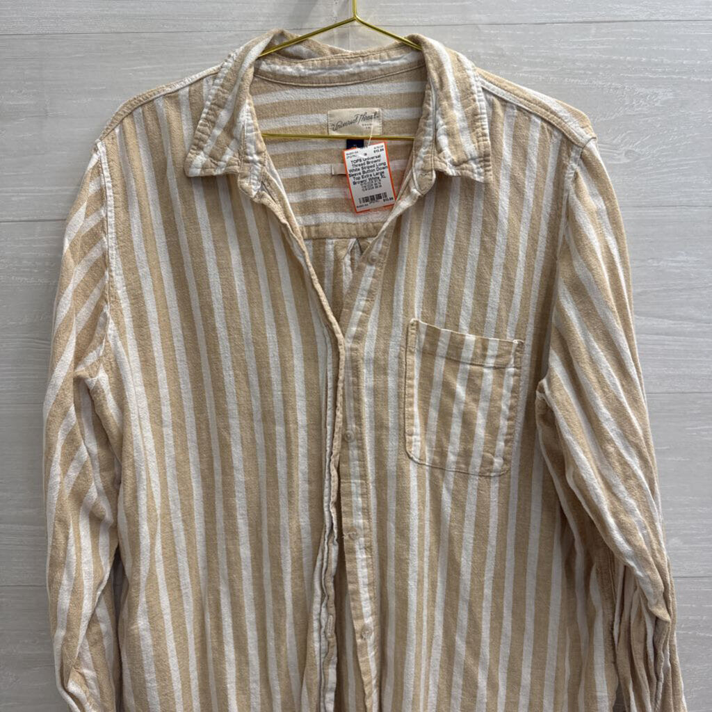 Brown/ White Striped Long Sleeve Button Down Top Extra Large