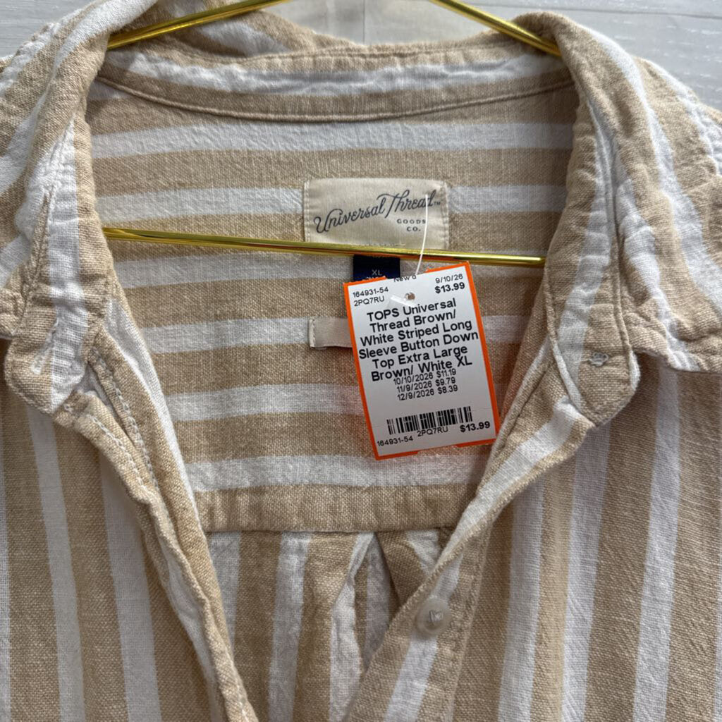 Brown/ White Striped Long Sleeve Button Down Top Extra Large