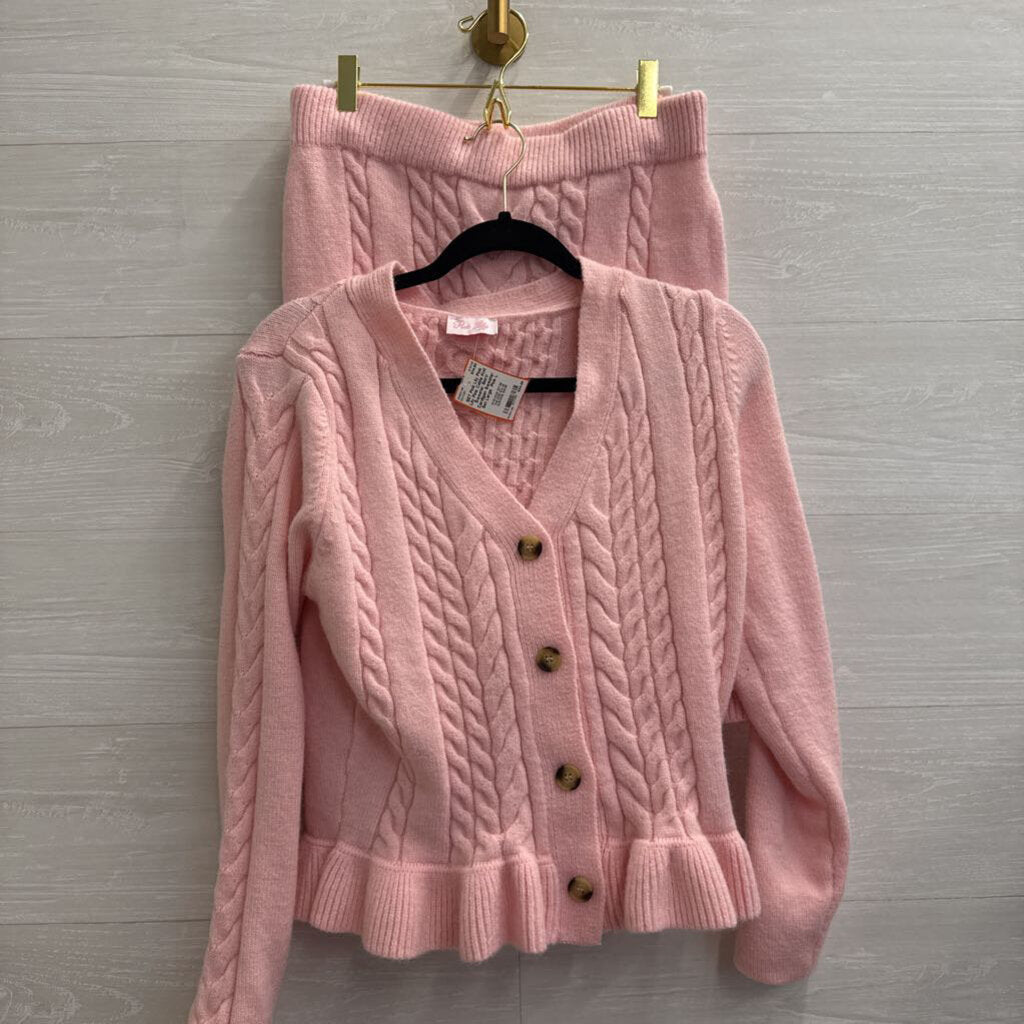 Pink Lily Pink Cable Knit Sweater Skirt/ Cardigan Sweater Set Large