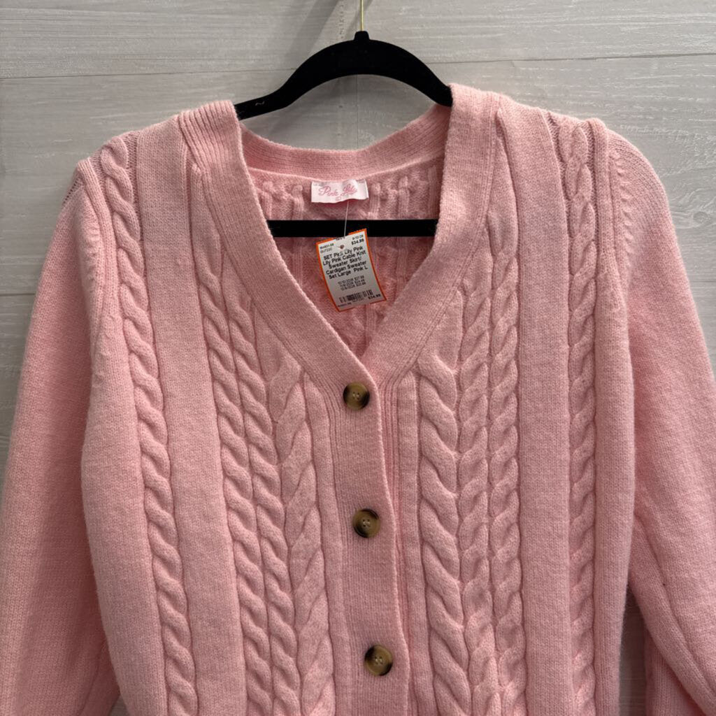 Pink Lily Pink Cable Knit Sweater Skirt/ Cardigan Sweater Set Large