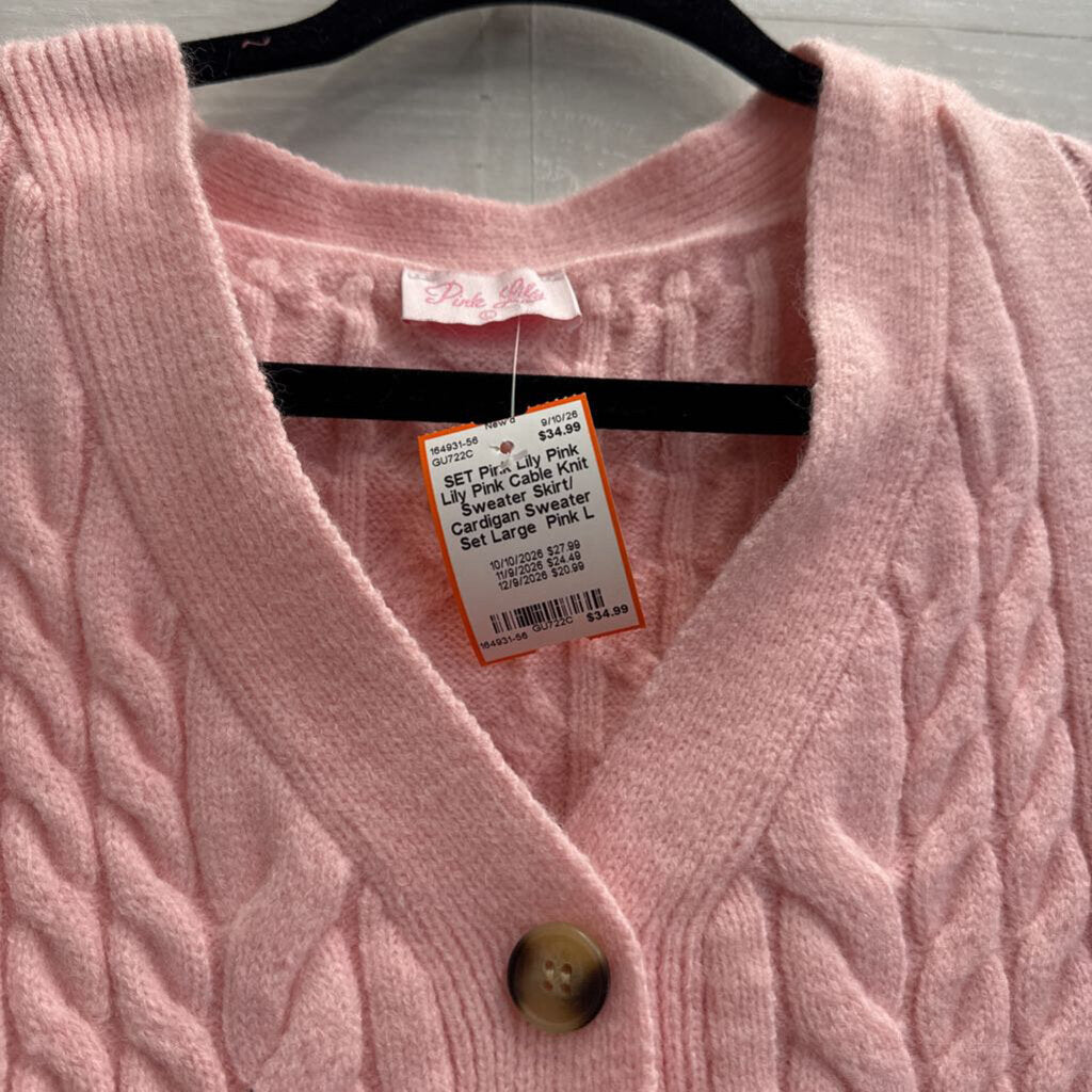 Pink Lily Pink Cable Knit Sweater Skirt/ Cardigan Sweater Set Large